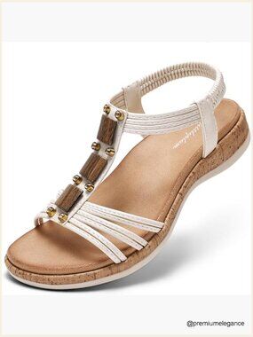 Comfort Stretch White T-Strap Sandal with Wood Accent
